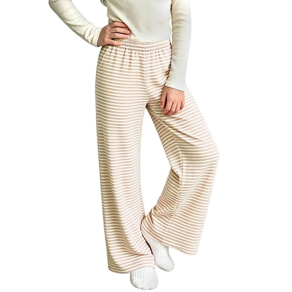 Dsjonao Girls Striped Pants Wide Leg Colorful Trousers with Pockets Elastic Waisted Soft Lounge Bottoms For Kids Casual Daily Wear 4-16Y