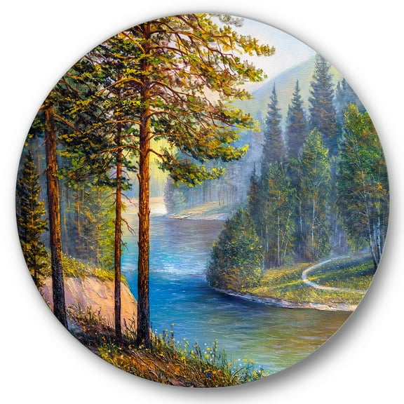 Designart 'Sunrise Glow Through The Pine & Fir Forest' Lake House Circle Metal Wall Art 36x36 - Disc of 36