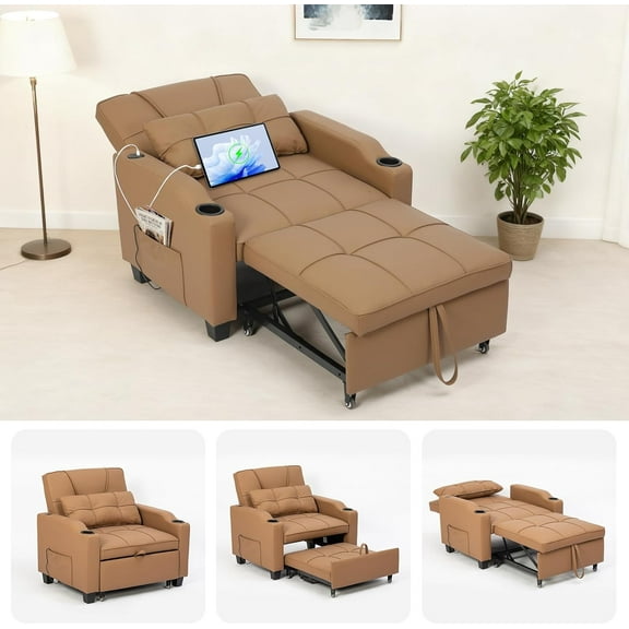 Sleeper Chair Pull Out Bed, 4 in 1 Convertible Sofa Chair Bed with Vibration Massage Lumbar Pillow, Single Sofa Recliner with USB/Type-C Port, Cup Holders and Side Pocket, Brown