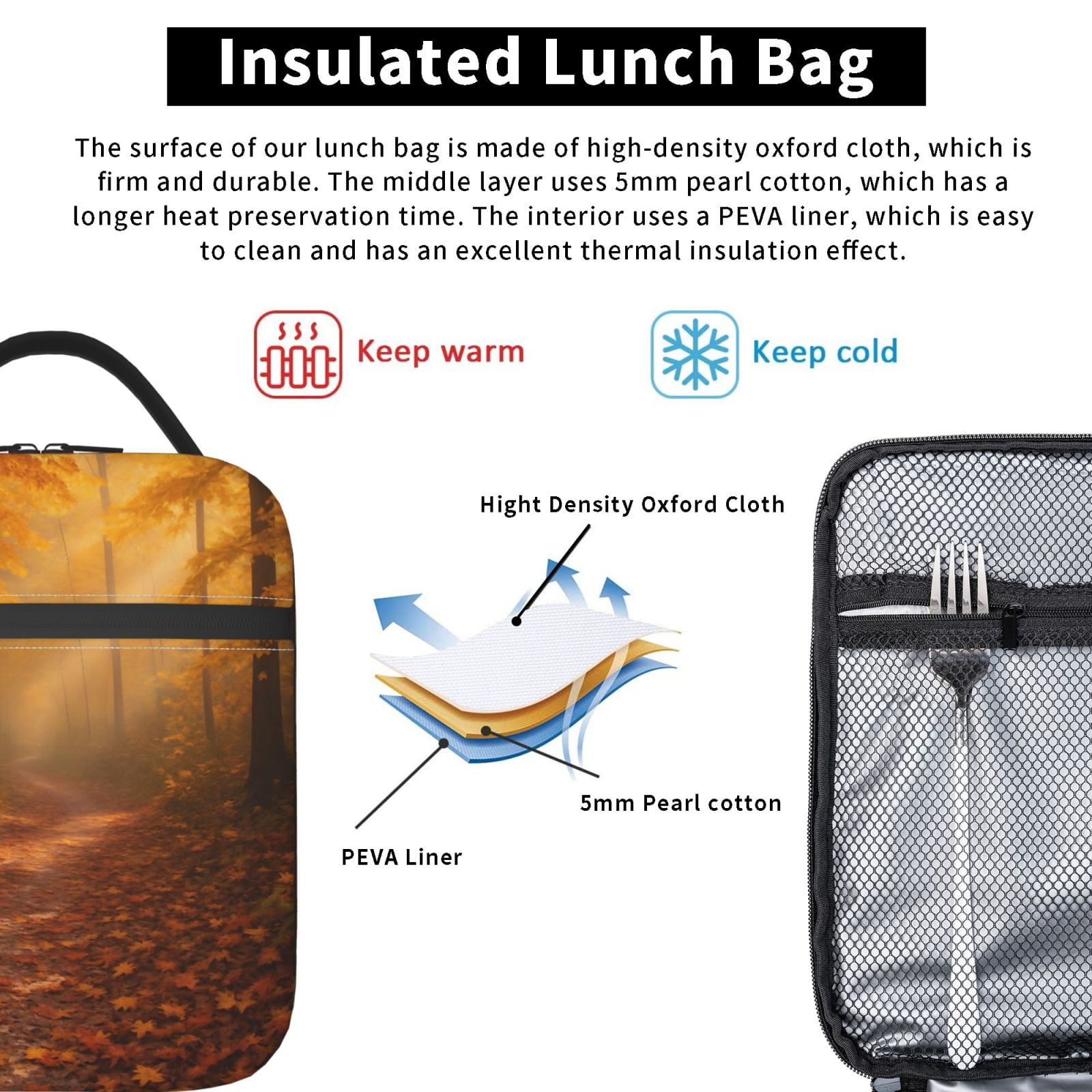 Lunch Bag For Women Men Insulated Portable Lunch Box Bento Box Office Picnic Travel Cooler Bag Forest Path