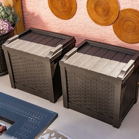 Suncast SSW1201 22 Gallon Resin Wicker Outdoor Storage Deck Box with Seat, Java