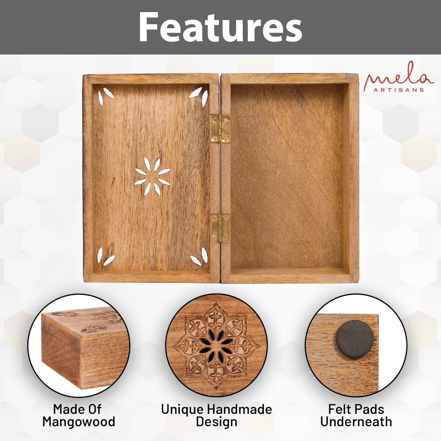 Mela Artisans Handcrafted Mango Wood Keepsake Box, Wood Decor Box, Burnt Mango, 9"x6"x3.5"