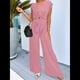 thumbnail image 5 of Conjuntos de Dos Piezas de Verano para Mujer 2025, Top Corto con Cinturón, Mangas y Cuello en V, Pantalones Anchos, Chándal Informal. Rosa L, 5 of 8