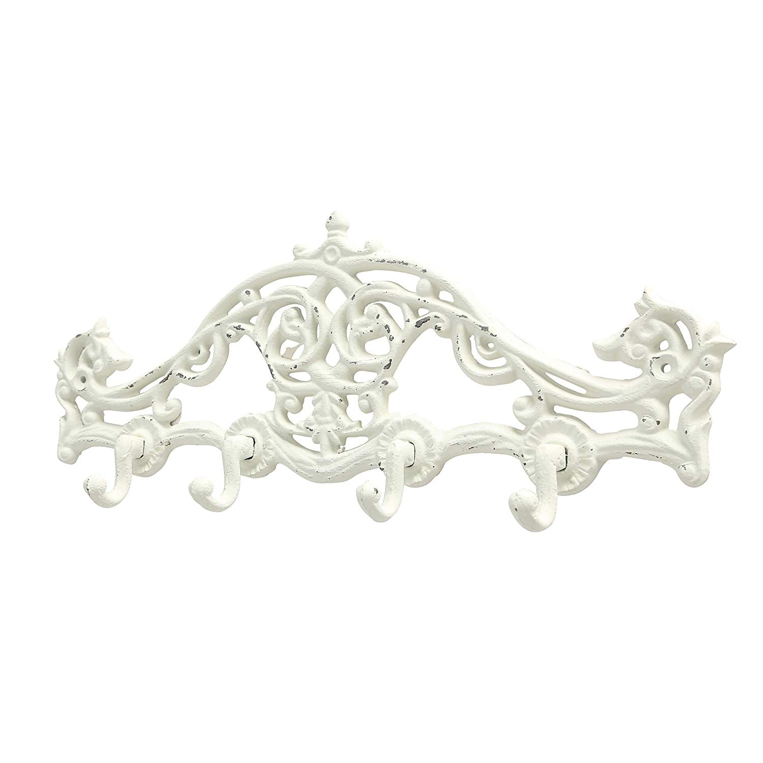 French Country Wall Rack, 4 Hooks, Cast Iron, Chippy White Paint