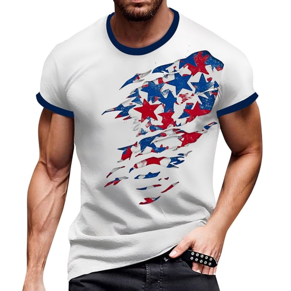 Men's Vintage Henry Neck T-Shirt, Long Sleeve Button-Up Top with Independence Day Print for Outdoor Adventures ,Red M