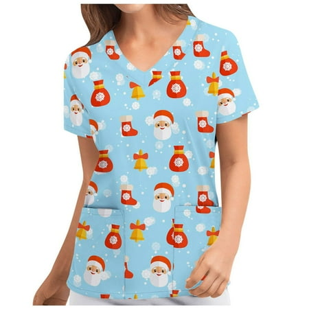 

QUNAG Women Christmas Print Nursing Uniform Scrub V-neck Top With Pocket Blouse T Shirt(Sky Blue Santa)M
