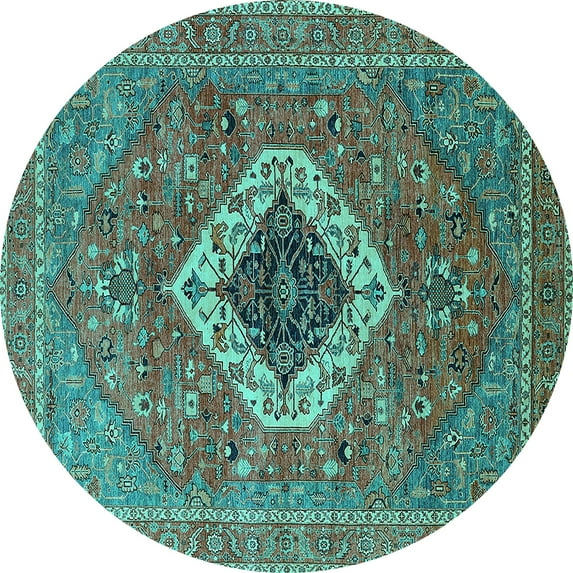 Ahgly Company Machine Washable Indoor Round Persian Turquoise Blue Traditional Area Rugs, 6' Round