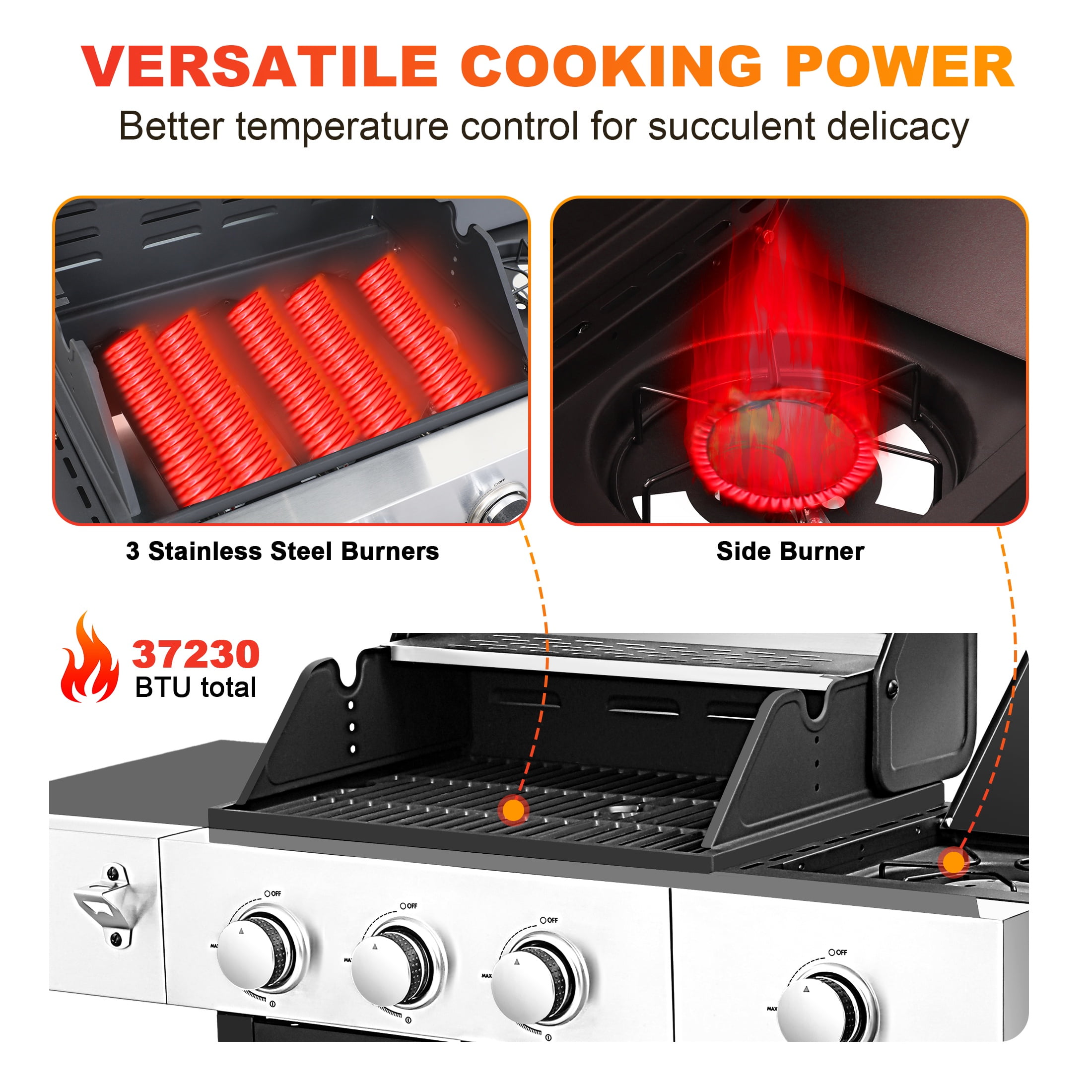 Segmart 3 Burner BBQ Propane Gas Grill with Side Burner, Stainless Steel 40,500 BTU Patio Garden Barbecue Grill with Wheels, and Bottle Opener, Perfect for Camping, Outdoor Cooking