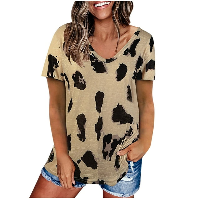 GDREDA Hauts d'Été pour Femmes Imprimé Léopard Raglan Manches Courtes Basique-T-Shirt Blouse Chemise Athlétique Femmes