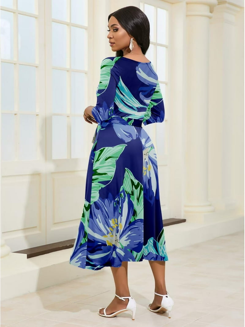 casual 3 4 sleeve dresses Flowing Midi Dress with 3/4 Sleeves and Dramatic Drape Spring/Summer '26 Blue Sparkle / XX-Large main image 0
