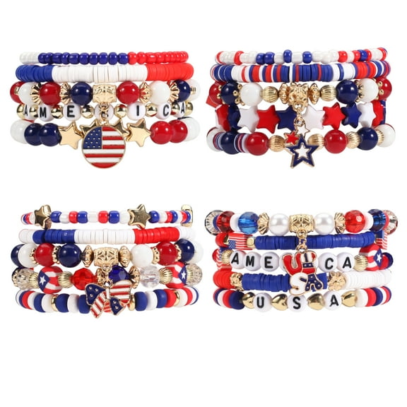American Flag Bracelet USA Patriotic Independence Day Stars Stripes Heart Star Stretchy Bracelet 4th of July Jewelry