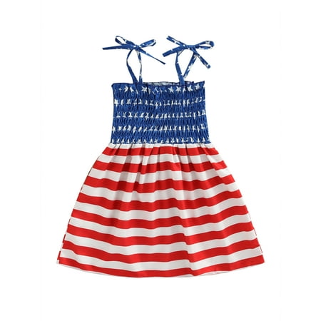 

Toddler Girls A-Line Tie-Up Sundress Smocked Star Stripe Print Spaghetti Strap Dress Summer Outfit