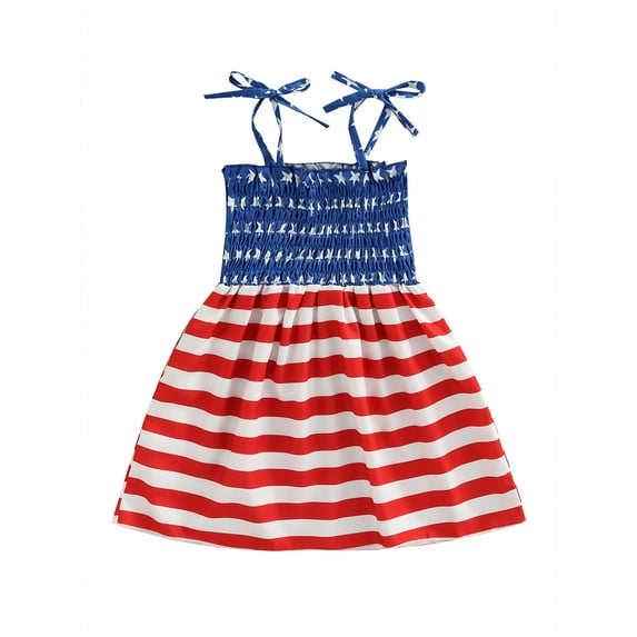 Qmyliery Toddler Summer A-line Dress, Girls Tie-up Smocked Butterfly/ Heart/ Star Stripe Print Spaghetti Strap One-piece