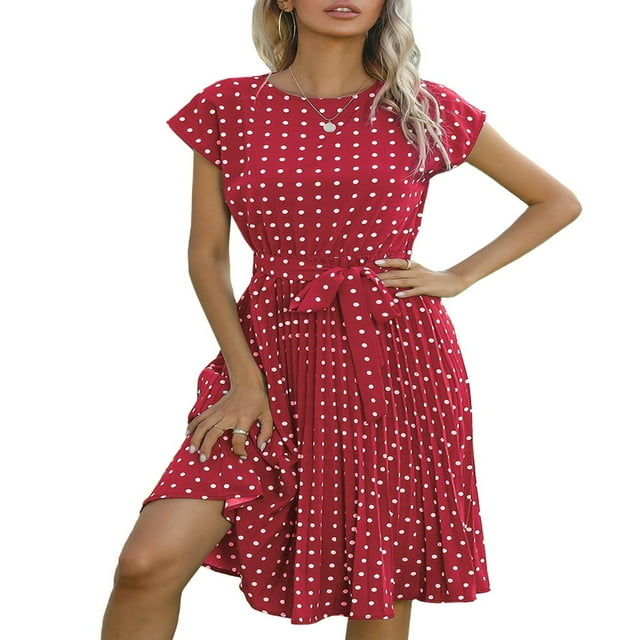 Robes d'Été pour Femmes à Pois Boho Robe Midi Décontractée avec Ceinture Vacances Robe Soleil Noir XL