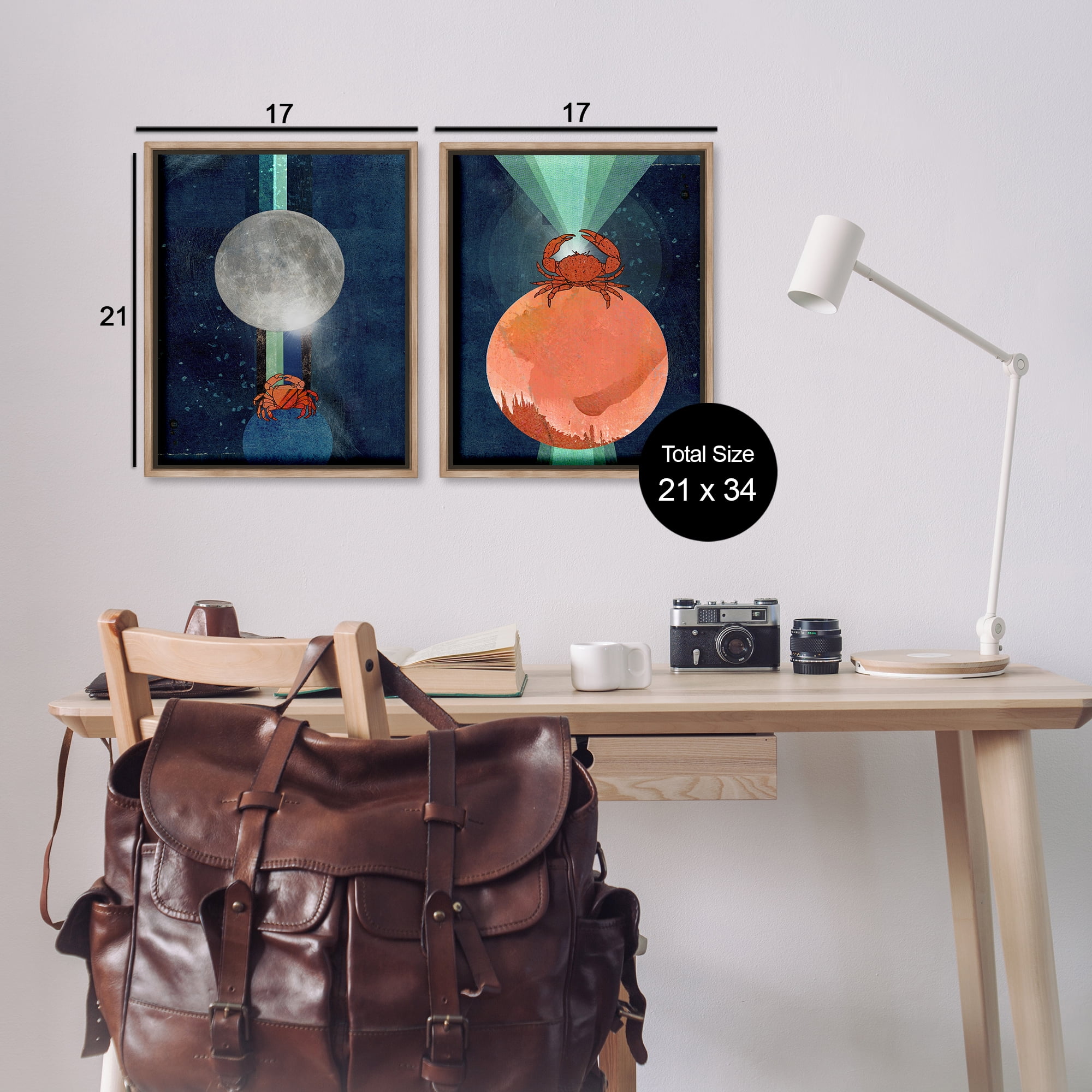 Stupell Industries Crab Orbs Light Rays Nautical & Beach Painting Brown Floater Framed Canvas Art Print Wall Art, 17 x 21, Set of 2