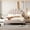 Beige, variant on Full Size Upholstered Platform Bed With Flower Pattern Headboard In Beige - Slats, Warm Bedroom Addition No Foundation Requirement, Stable Resting Surface