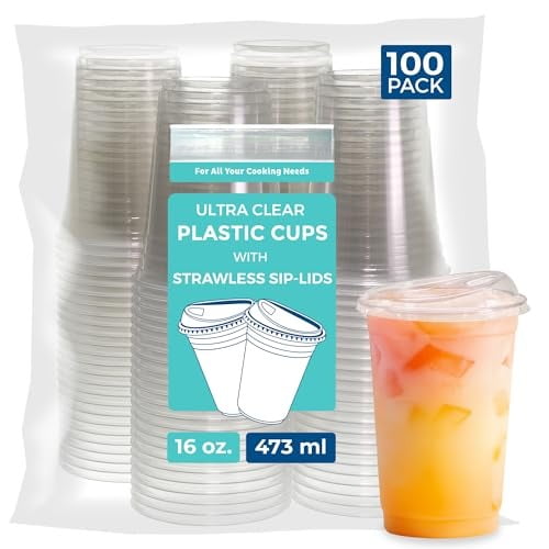 16 oz Clear Disposable Plastic Cups with Strawless Sip Lids, 100 Pack Clear Plastic Tumblers, Heavy-duty Party Glasses, Disposable Cup for Thanksgiving, Halloween, Christmas Party