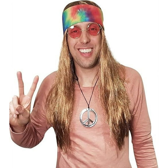 Hippie Wig Costume with Tie Dye Bandana 60s 70s Hippy Woodstock Festival Gear