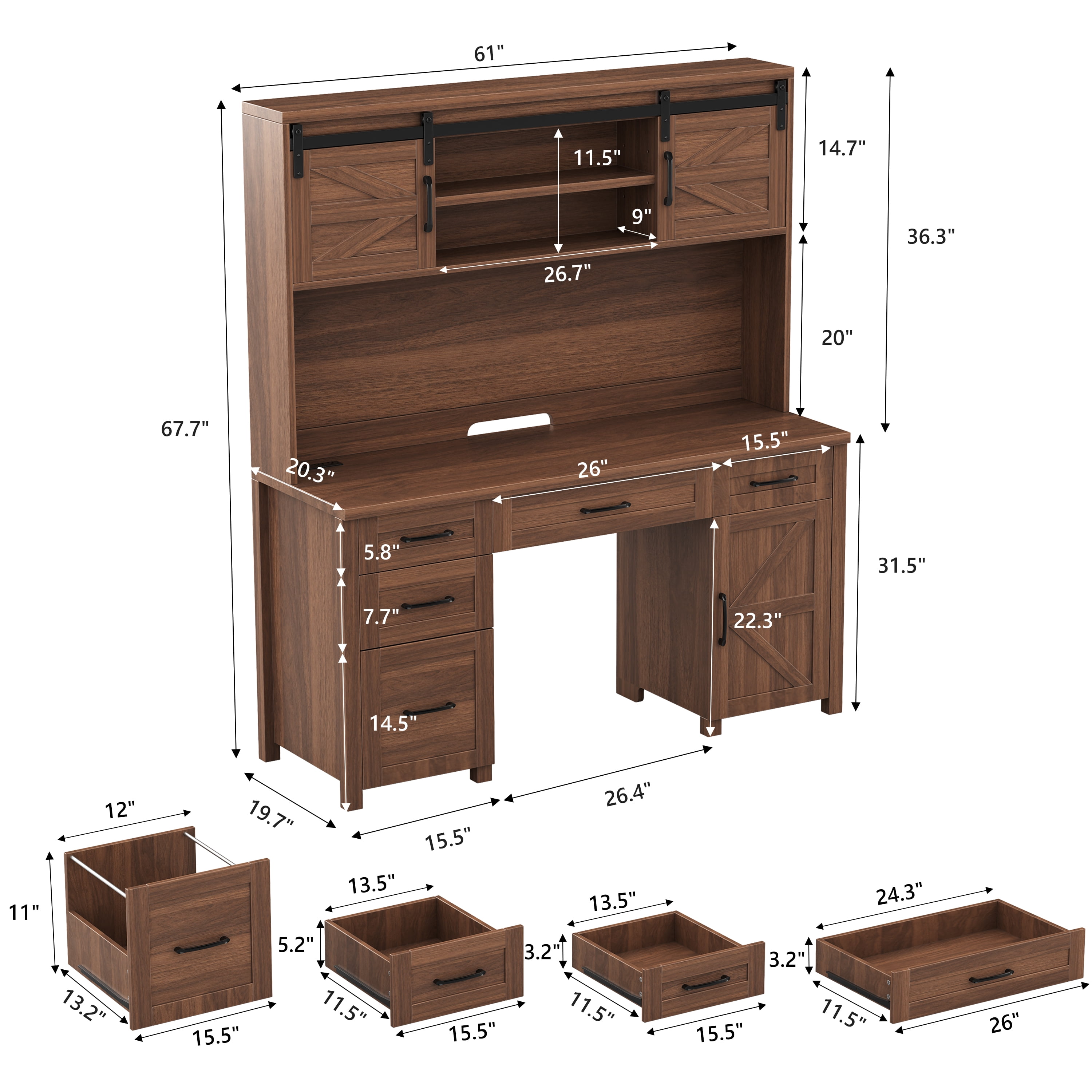 Aukfa Farmhouse Computer Desk with Hutch & Charging Station, Home Office Executive Desk, Sliding Barn Doors and 5 Drawers,Walnut