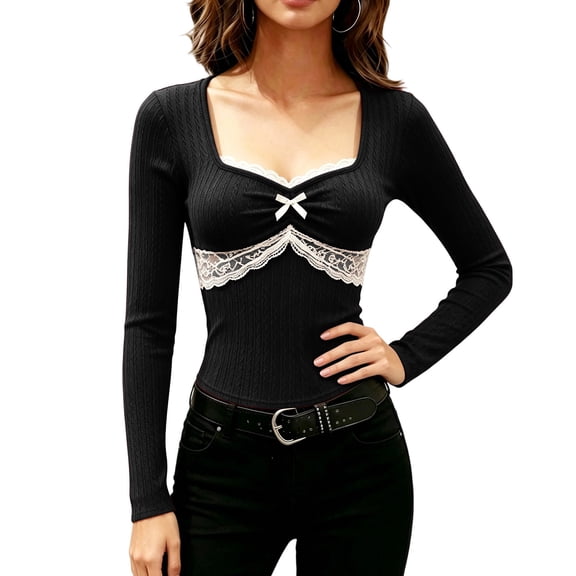 MYAOYI Womens Coquette Style Lace Trim Top Sweetheart Neck Long Sleeve