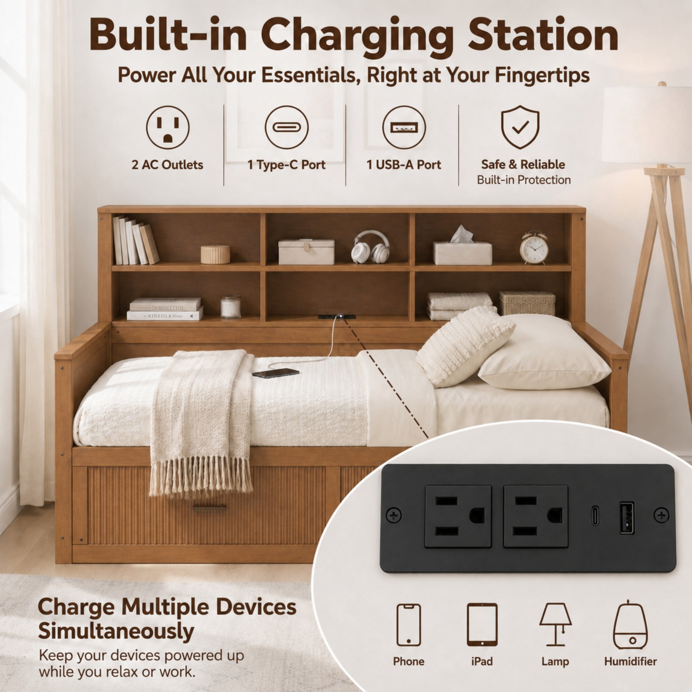 GDF Studio Josha Twin-Size Wooden Daybed with Bookcase Headboard, Storage Drawers & Built-In Charging Station, Walnut