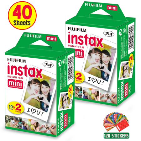FujiFilm Instax Mini Instant Film 2 Pack (2 x 20) Total of 40 Sheets + 60 Assorted Colorful Mini Photo Stickers - Compatible with FujiFilm Instax Mini 9, Mini 8, Mini 25, Mini 90, Fuji SP-1,