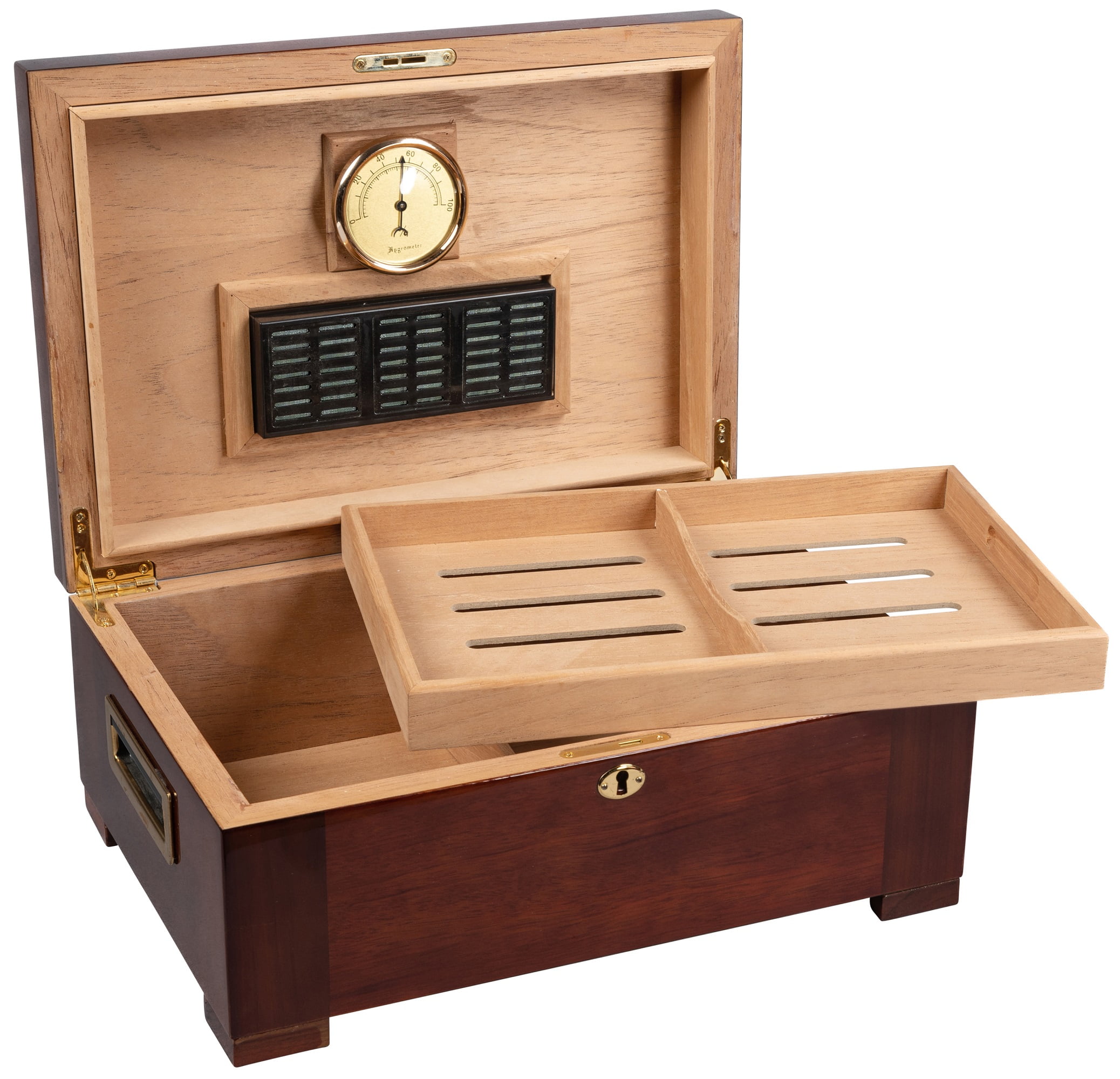 Stetson Dome Shaped Top Cigar Humidor - High Gloss Dark Burl Wood Finish w/Tobacco Leaf Inlay - Capacity: 150
