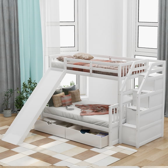 Twin over Full Bunk Bed with Drawers, Storage and Slide, Multifunction, White