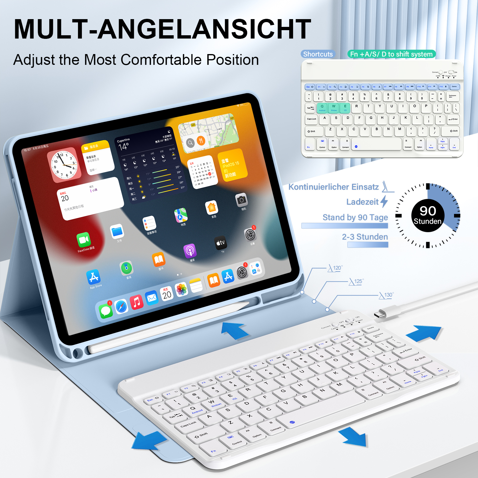 SZPSGC for iPad (A16) 11th Generation Case with Keyboard 11 inch 2025, iPad 10th Generation 10.9 inch Case with Pencil Holder, Multi-Angle Detachable Bluetooth Keyboard,Blue