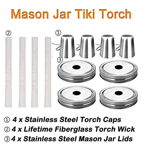 Mason Jar Tabletop Torches,4 Pack Colorful Glass Jar,Stainless Steel Lids,Long Life Fiberglass Wicks and Caps,Outdoor Oil Lamp Lights for Patio Garden Camping Decor 