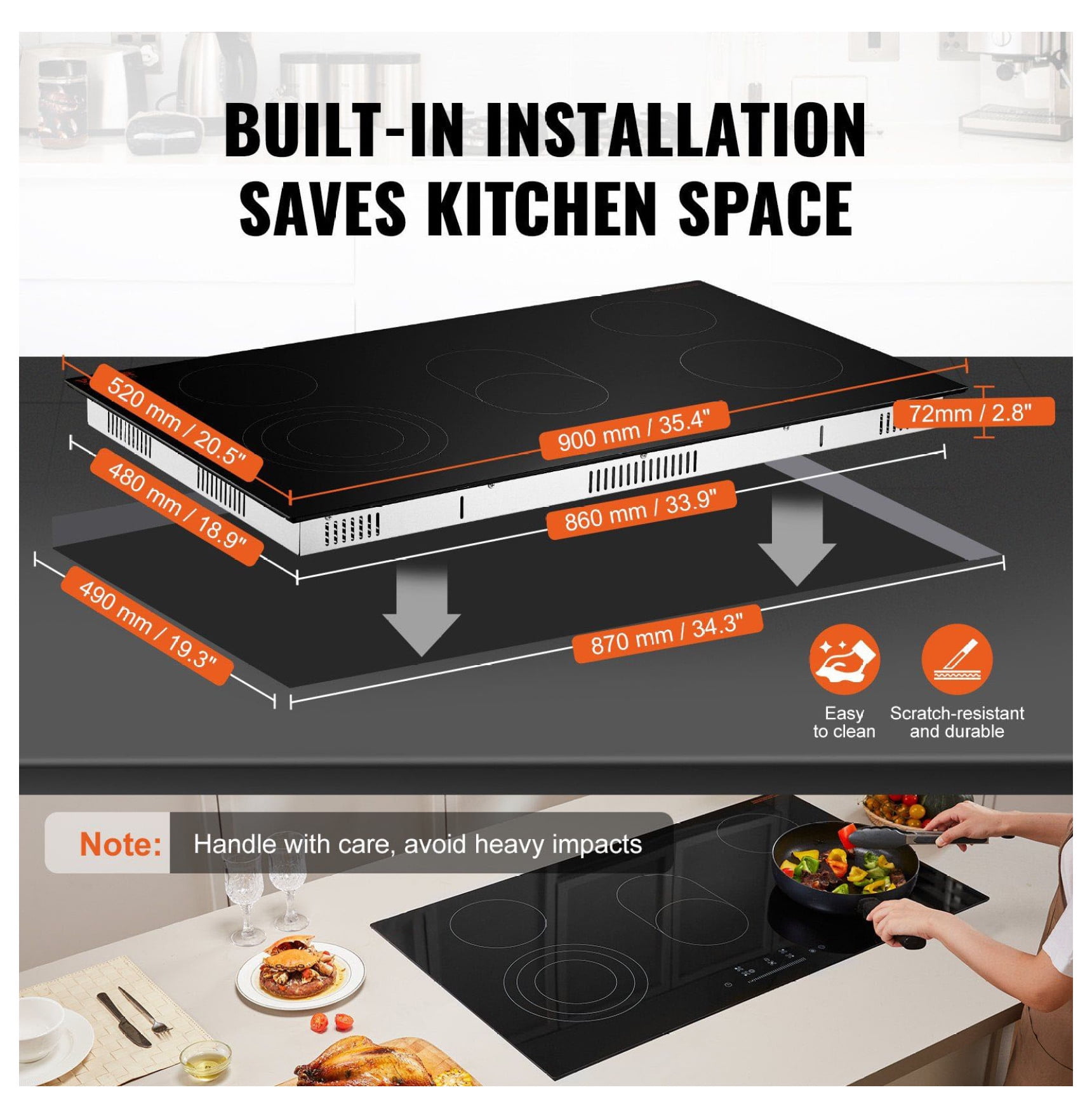 Electric Cooktop 36 Inch 5 Burners, Ceramic Radiant Cooktop Built-In Slide Control Panel, 9 Power Levels, Timer, Child Lock, Safety Features for Kitchen