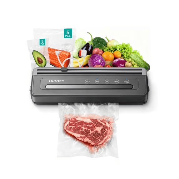 HiCOZY Automatic Vacuum Sealer Machine with 10 BPA-Free Vacuum Bags, Dual Sealing Modes, Compact Food Saver for Meal Prep & Sous Vide, Gray