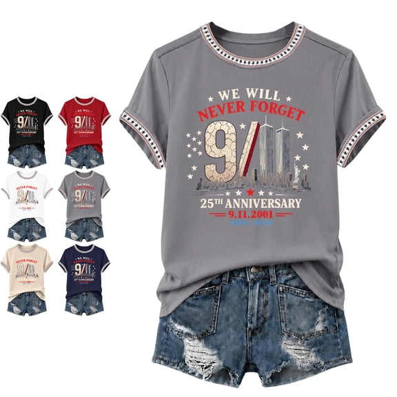 Never Forget 911 Tshirts Shirts for Women 9/11 25th Anniversary Shirt Patriotic American Flag Memorial Day Graphic T-Shirt Gray XL