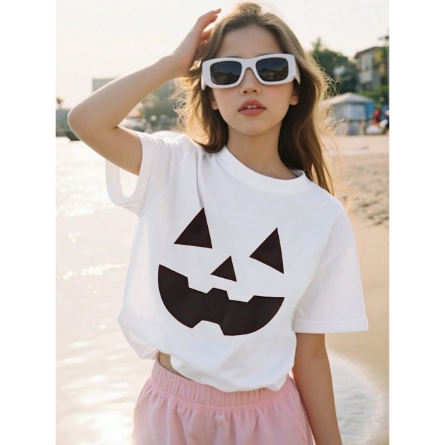Halloween T-shirt - Black Jack-O'-Lantern & Face Design, Soft Breathable Knit Fabric, Machine Washable, Spring Summer Fall Birthday Easter Halloween Party Outfit