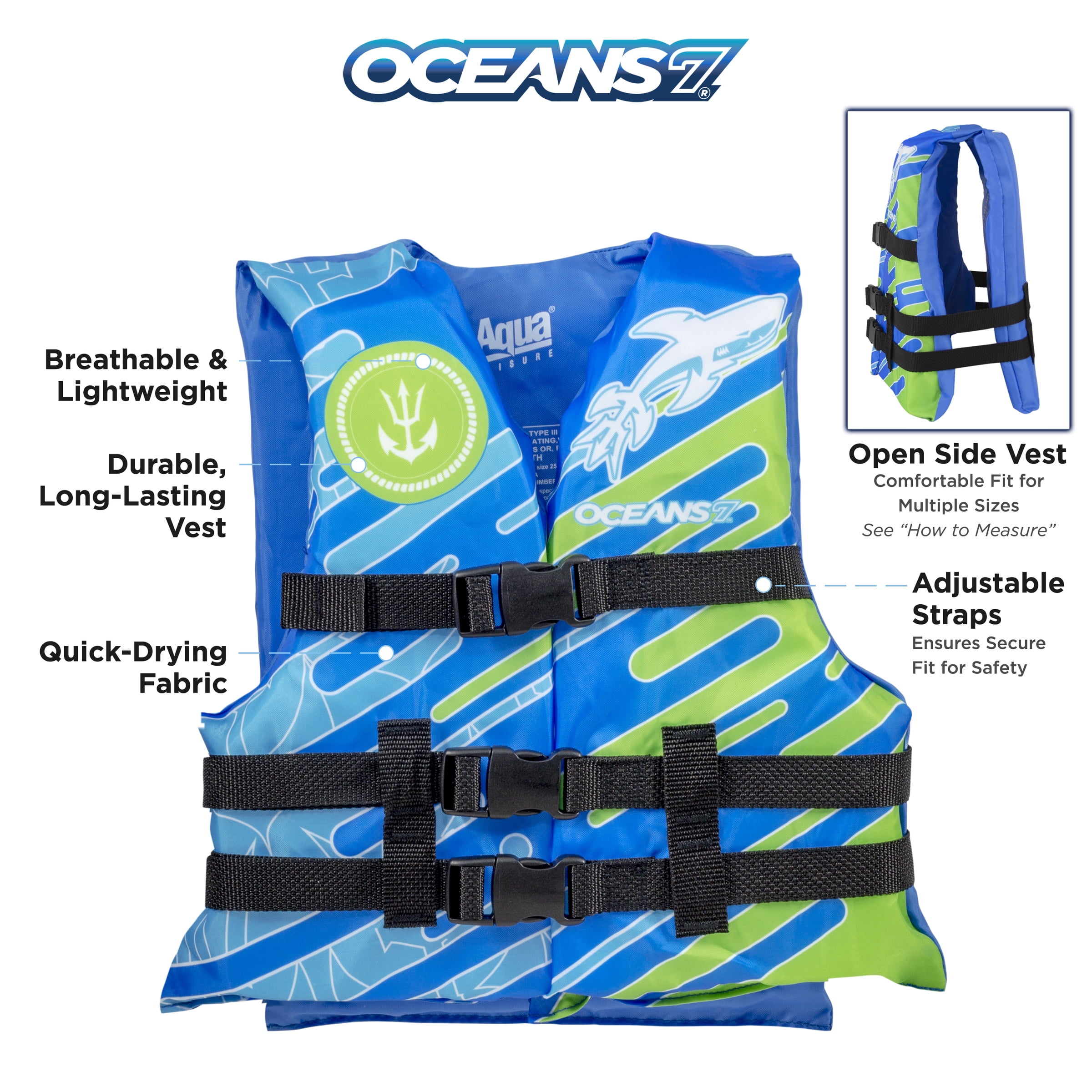 Oceans7 Youth Open Side Life Vest, Durable, Easy Fit, 50-90 lbs, Blue/Green, Unisex, Nylon