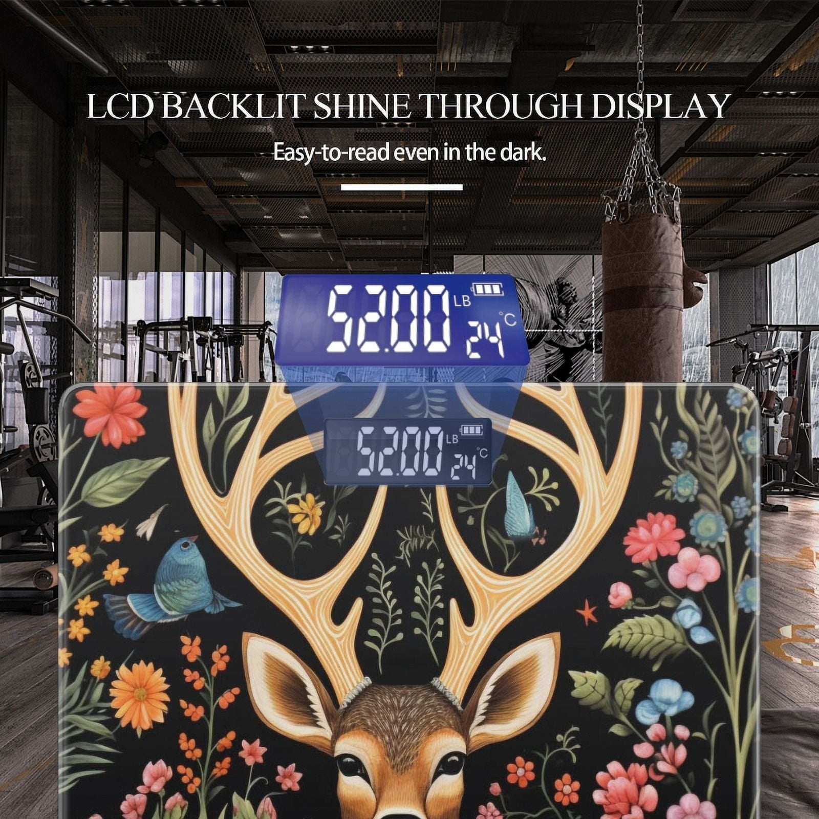 Bathroom Scale, Highly Accurate Digital Body Scale,Precisely Measures Weight up to 400 lbs-Beautiful Deer With Large Antlers Surrounded By Flowers And Birds