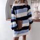 thumbnail image 2 of Vestido suéter con hombros descubiertos, rayas, bloques de color, holgado, manga larga, vestido de punto informal suelto para otoño invierno, azul oscuro L, 2 of 8