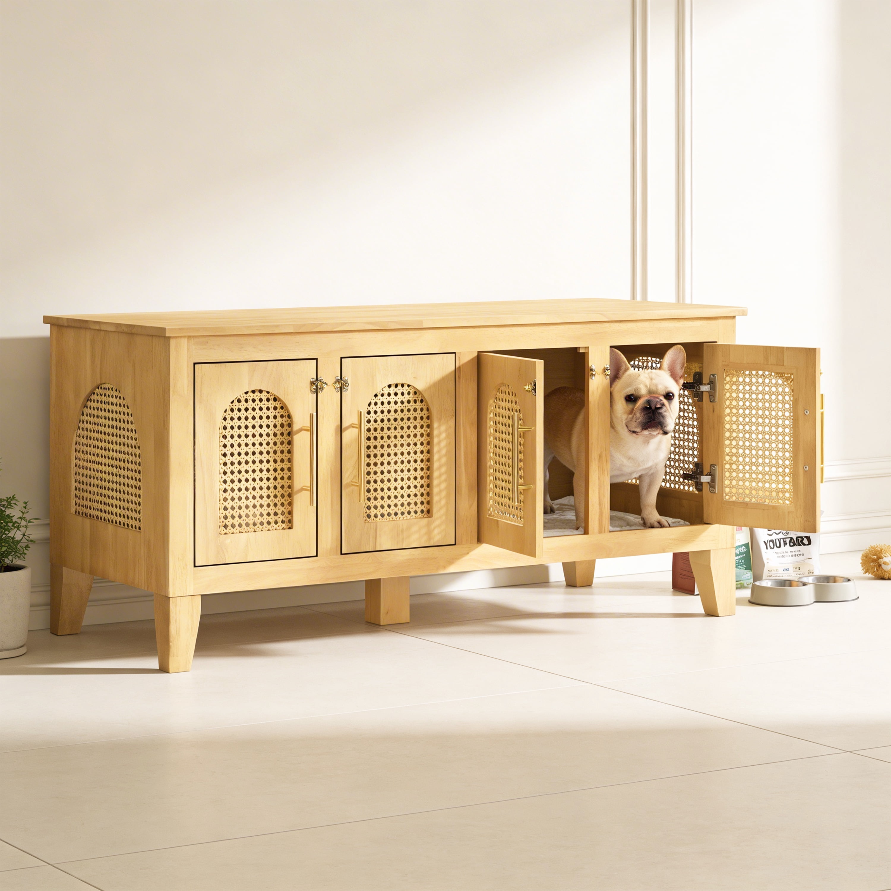 Indoor Rattan Decorated Rubber Wood Dog Crate Cabinet, Pet Kennel with Storage & 4 Doors for Living Room