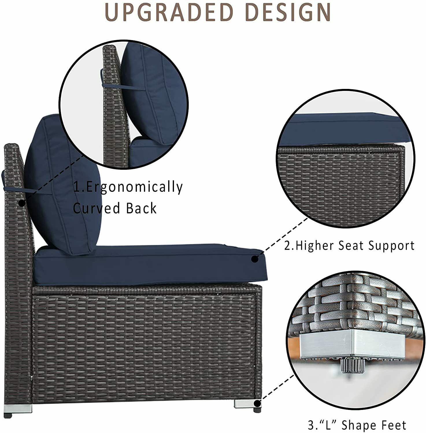 Gotland Outdoor Patio Furniture Set 6 Piece Sectional Rattan Sofa Set Rattan Wicker Patio Conversation Set with 5 Seat Cushions and 1 Tempered Glass Table, Dark Blue