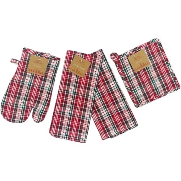 Serafina Home Kitchen Dish Towel and Pot Holders Tartan Green Red White 4 pc Set: Two (2) Red Green White Tartan Plaid Cotton Flat Weave and (1) Oven Mitt and One (1) Pot Holder