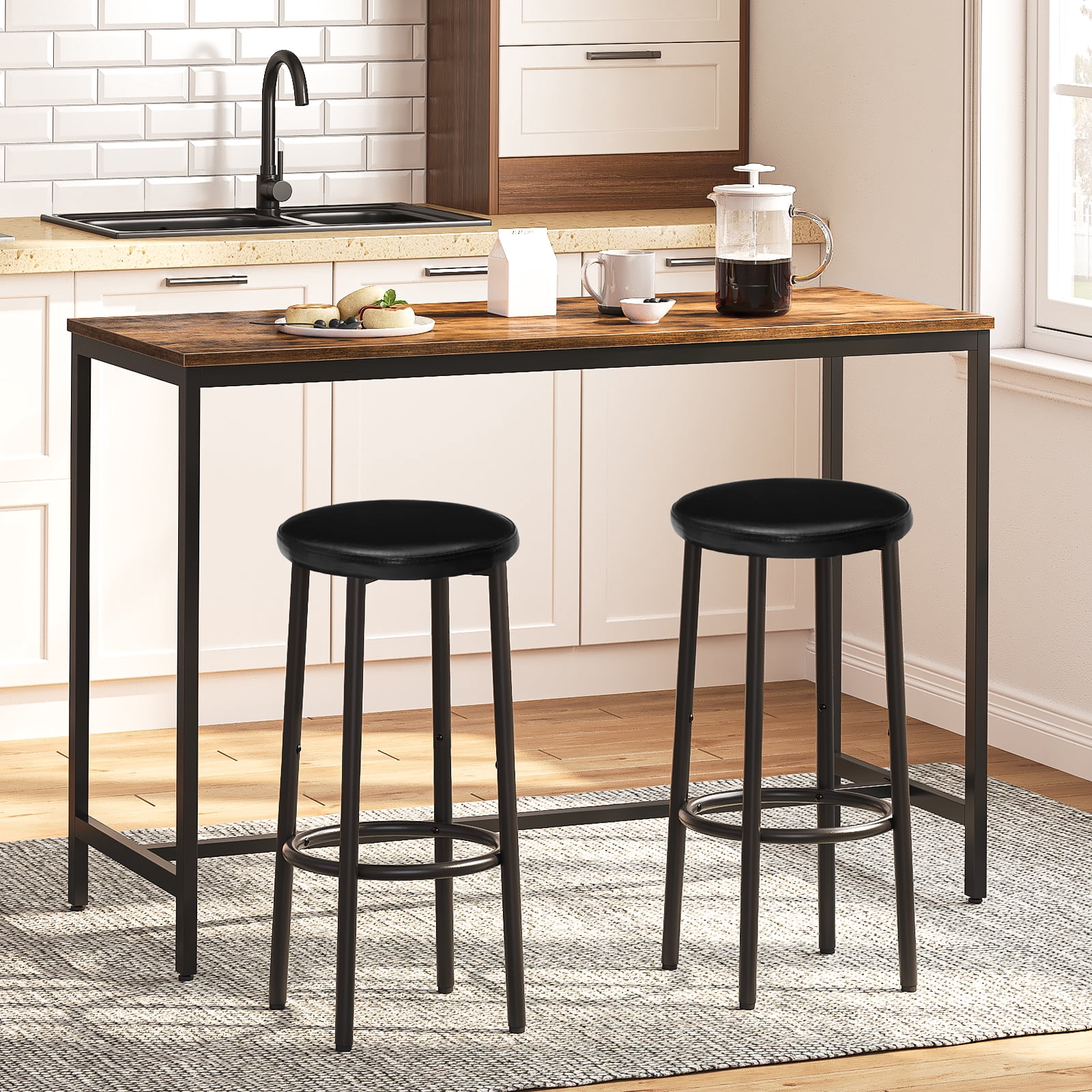 HOOBRO Round Bar Stools Set of 2, PU Upholstered Bar Stools, Bar Chairs with Footrest, Easy Assembly and Cleaning, for Kitchen, Dining Room, Cafe, Black BB30BY01