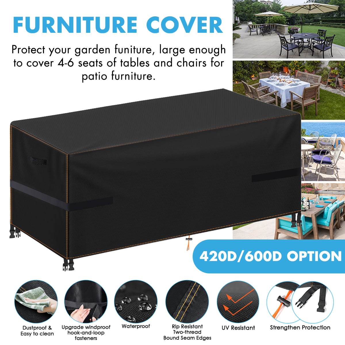 L 72 x W 46 x H 28 Outdoor Dining Table Cover Patio Furniture Set Covers 420D Heavy Duty Canvas Rectangle Patio Table Cover Waterproof Outdoor Patio Furniture Covers with Durable Hem Cord 