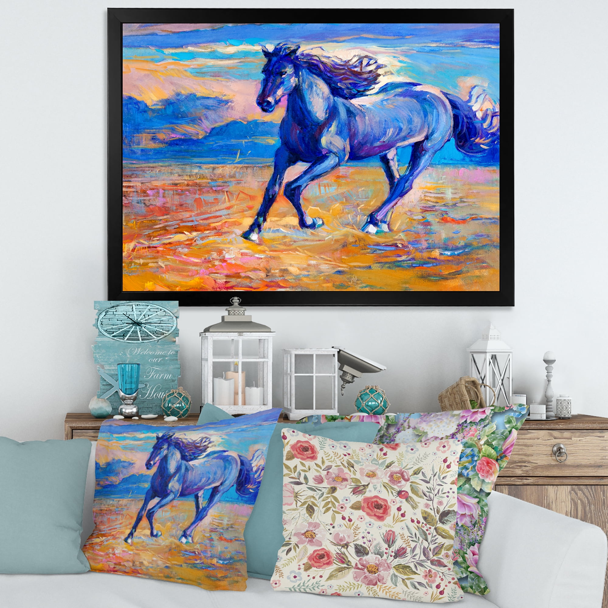 Designart 'Abstract Blue Horse Galoping Over The Prairie' Farmhouse Framed Art Print
