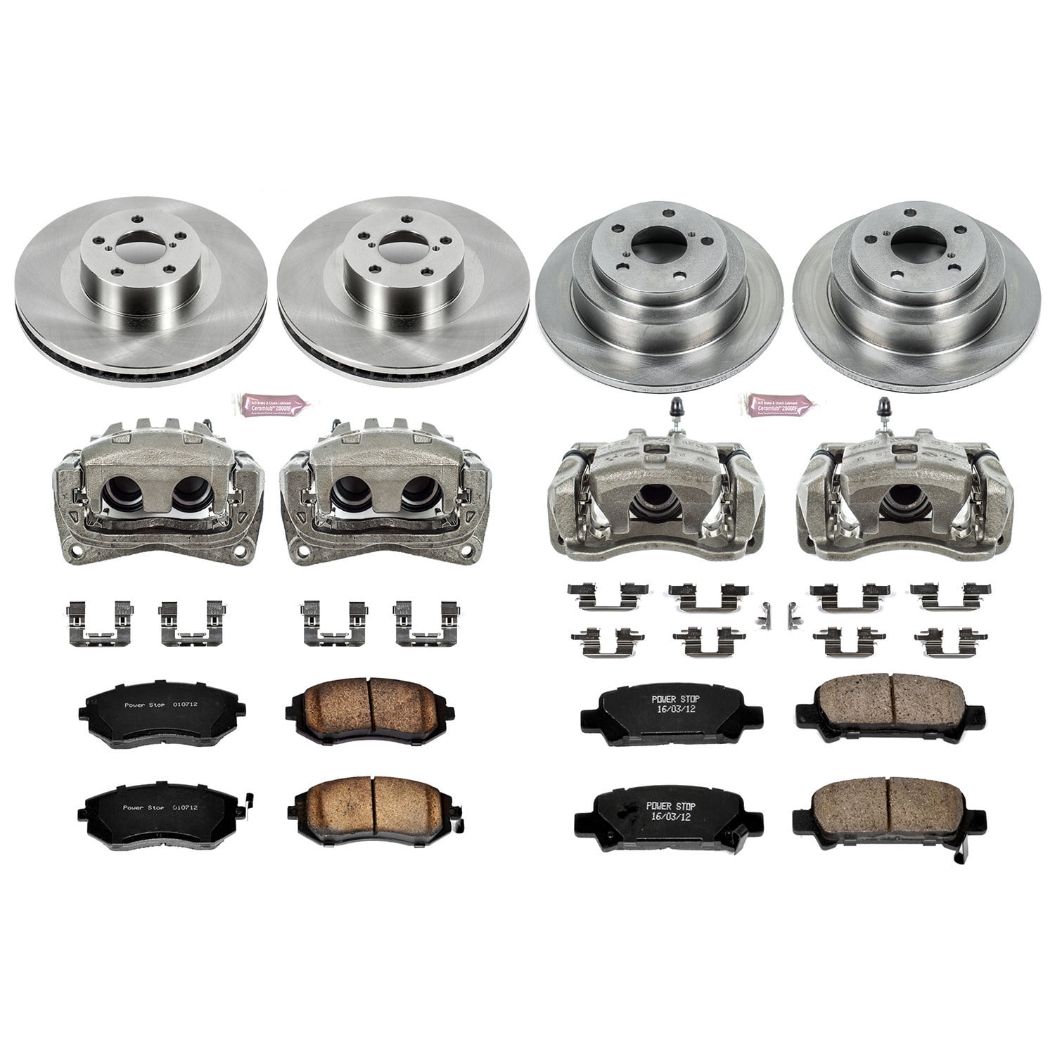 PowerStop Front and Rear Stock Replacement Brake Pad and Rotor Kit with Calipers Fits: SUBARU Select Models KCOE2377