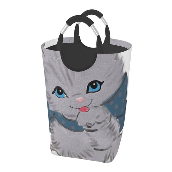 XMXY Kitty Cat Grey Bow Rectangular Laundry Basket Organizer , Collapsible Folding Tall Clothes Hampers for Laundry with Handles