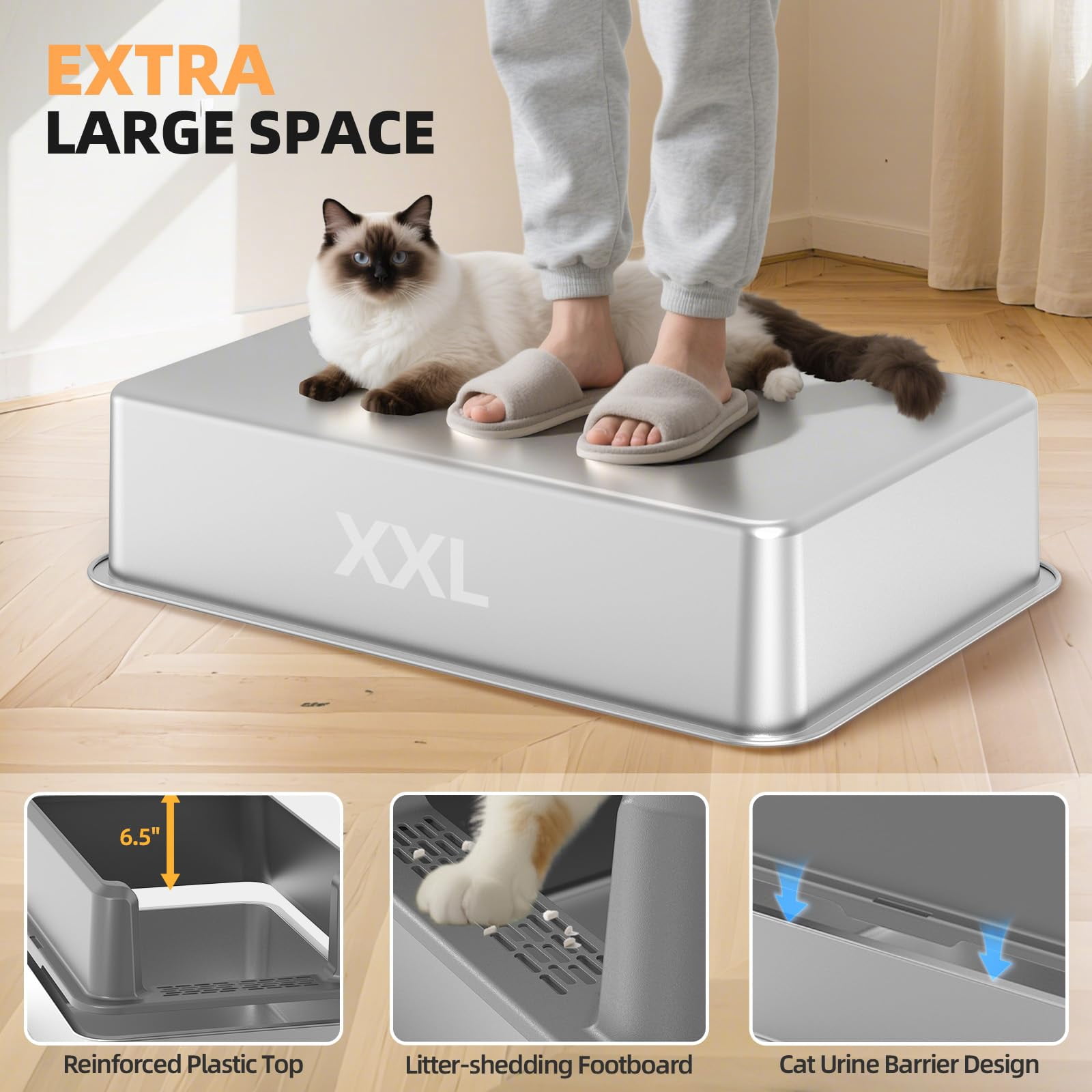 Enclosed Stainless Steel Cat Litter Box With Lid  Xl Extra Large For Big Cats Metal Pan High Sided Never Absorbs Odors Anti-urine Leakage Include Scoop (65-lightgray)