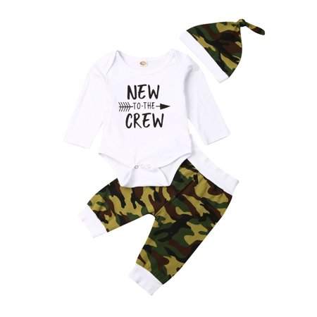 

Toddler Kids Baby Boys Long Sleeve Letter Print Romper + Camouflage Pants Hat Cotton Clothes Outfit set
