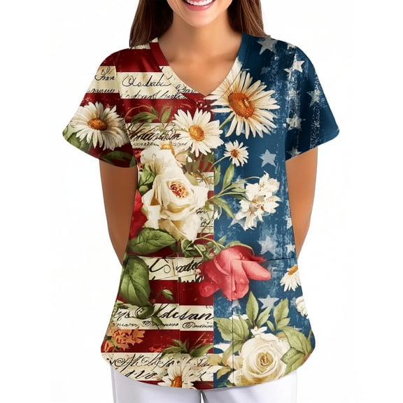 Women's Patriotic Scrub Top V-Neck Short Sleeve Stretch Hospital Top Deep Red 3XL