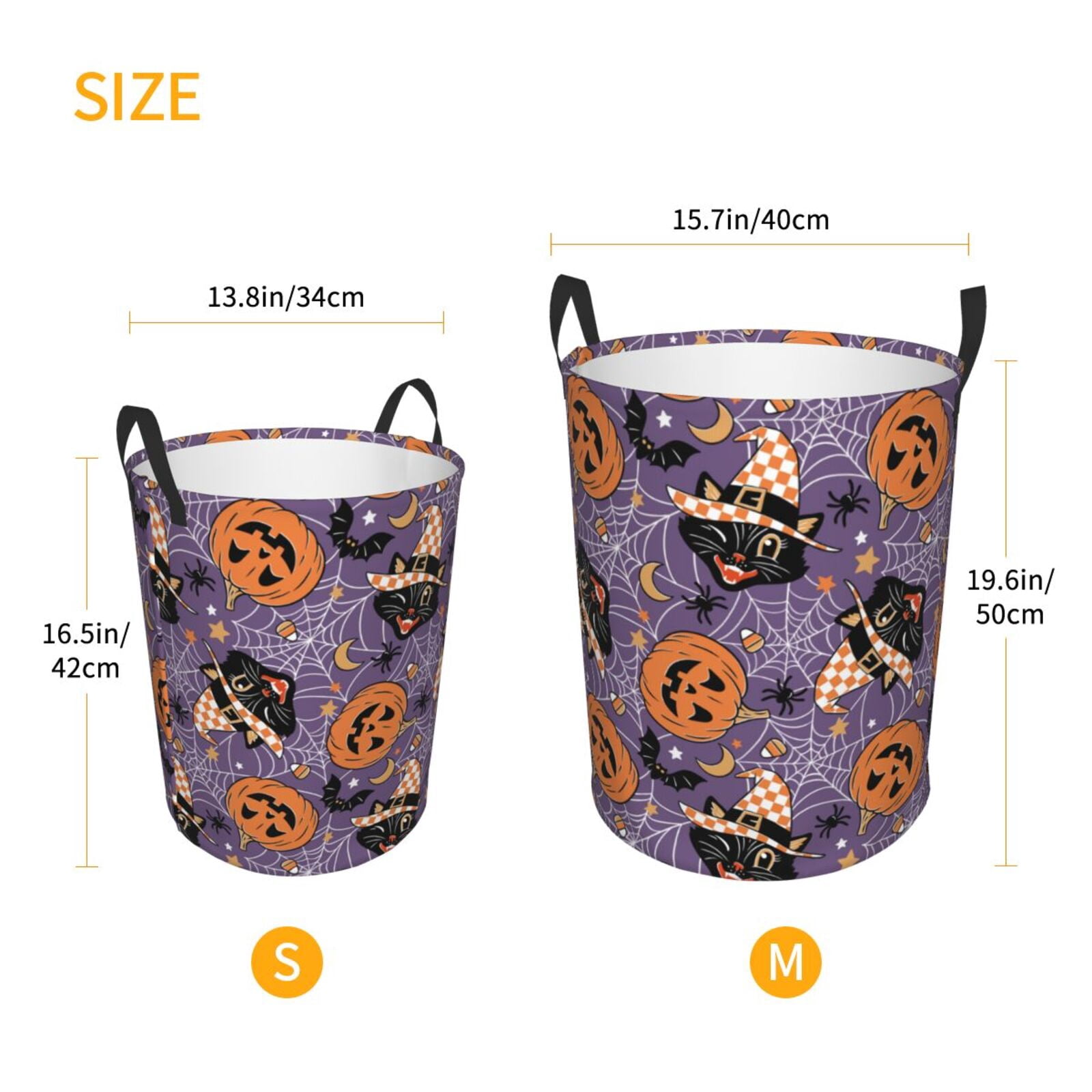 Fuzoiu Vintage Halloween Black Cat Print Circular Hamper,Laundry Basket with Handle,Collapsible Laundry,Dirty Clothes Storage Basket,for Bedroom Bathroom Dorm Living Room-Small