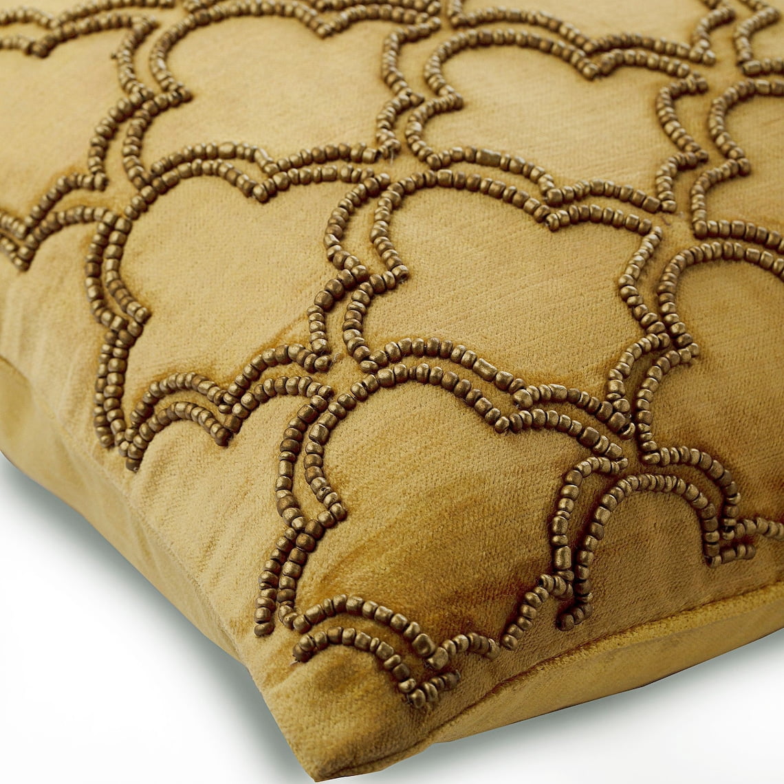 The HomeCentric Gold Cushion Covers, Gold Beaded Lattice Trellis Turkish Pillows Cover, Pack of 2, 14x14 inch (35x35 cm) Pillow Case, Square Velvet Throw Pillows Cover, Geometric Art - Gold Jewel
